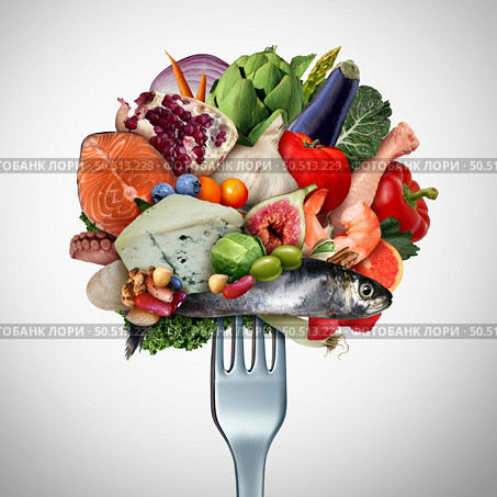Mediterranean diet as a traditional way of eating based on the cuisine of Greece Italy Spain and Turkey as whole unprocessed healthy food with fruits legumes fish garlic and olive oil. Стоковое фото, агентство Ingram Publishing / Фотобанк Лори