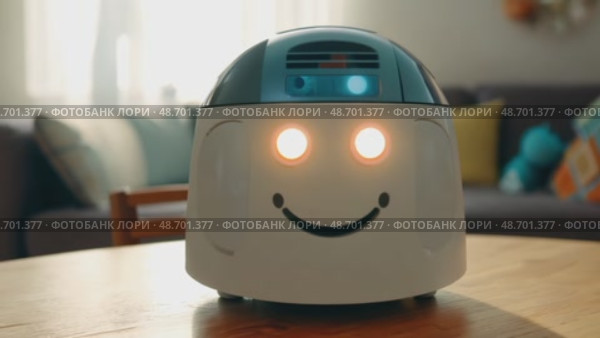Meet Robot, a friendly robot with a smiling face designed to interact with users and create engaging gaming experiences for both kids and adults. Стоковое AI-видео, аниматор ALLA YURTAYEVA / Фотобанк Лори