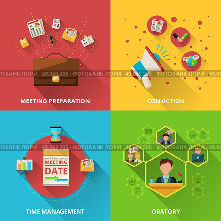 Meeting flat set. Meeting design concept set with preparation conviction management and oratory flat icons isolated vector illustration. Стоковая иллюстрация, агентство Ingram Publishing / Фотобанк Лори