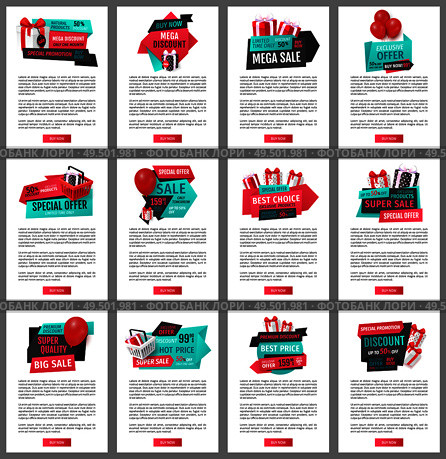 Mega discounts, buy now special offer, sale web pages vector. Premium products on goof price, shop promotion, sellout of goods. Premium items set. Mega Discounts, Buy Now Special Offer Sale Web. Стоковая иллюстрация, агентство Ingram Publishing / Фотобанк Лори
