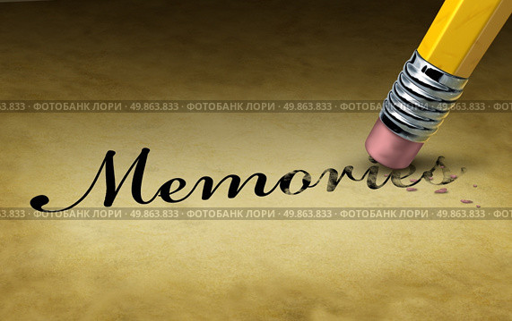 Memory loss concept with a pencil eraser erasing the word memories on an old  grunge parchment paper as a neurological symbol of growing mental disease as alzheimers and dementia. Стоковое фото, агентство Ingram Publishing / Фотобанк Лори
