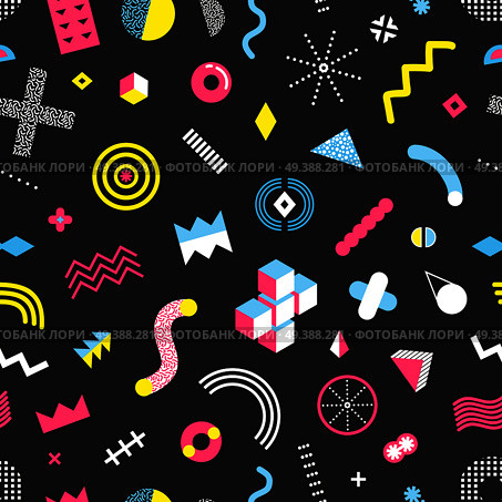 Memphis design geometric elements seamless pattern with cubes circles triangles dots patterns on black background vector illustration . Memphis Design Seamless Pattern . Стоковая иллюстрация, агентство Ingram Publishing / Фотобанк Лори