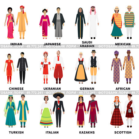 Men and women in traditional attire representing various countries and cultures. For cultural diversity, world heritage, tradition, global unity, inclusion, cultural representation, multiculturalism.. International group of men and women in traditional costumes from different countries and cultures. Стоковая иллюстрация, агентство Ingram Publishing / Фотобанк Лори