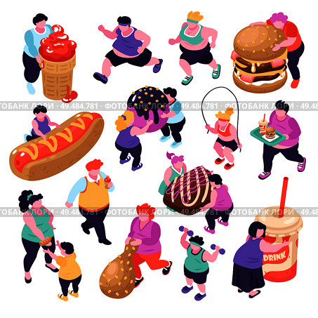 Men and women suffering from gluttony and doing sports isometric icons set isolated on white background 3d vector illustration. Стоковая иллюстрация, агентство Ingram Publishing / Фотобанк Лори