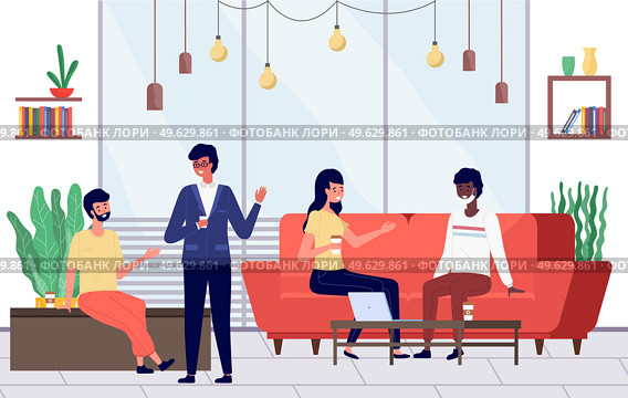 Men sitting on the couch and converse. Cartoon characters are talking in living room interior. Meeting friends in a cozy atmosphere. the girl communicates with a man in a protective medical face mask. Men sitting on the couch and communicating. Cartoon characters are talking in living room interior. Стоковая иллюстрация, агентство Ingram Publishing / Фотобанк Лори