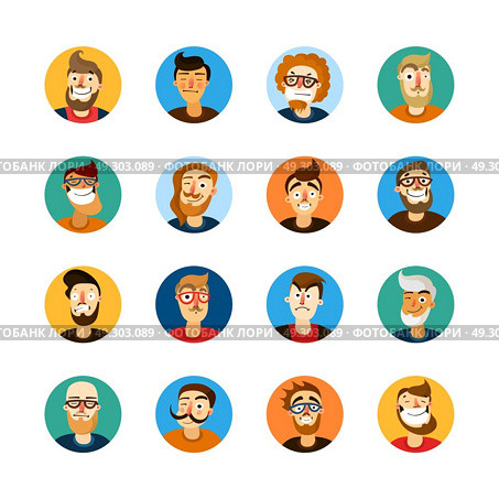 Men Userpic Set. Men faces expressing different emotions colorful userpic set isolated on white background cartoon vector illustration. Стоковая иллюстрация, агентство Ingram Publishing / Фотобанк Лори