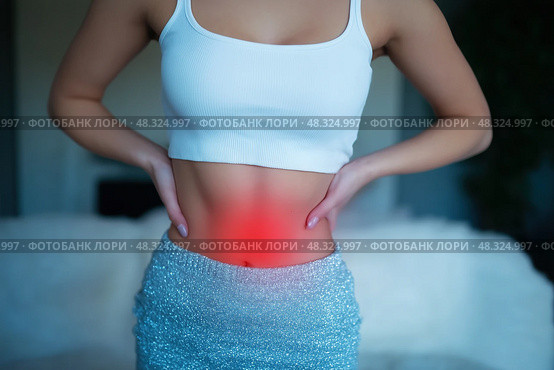 Menstrual pain, woman with stomachache suffering from pms, endometriosis, cystitis and other diseases of the urinary system. Стоковое AI-изображение, AI-художник Станислав Тарко / Фотобанк Лори