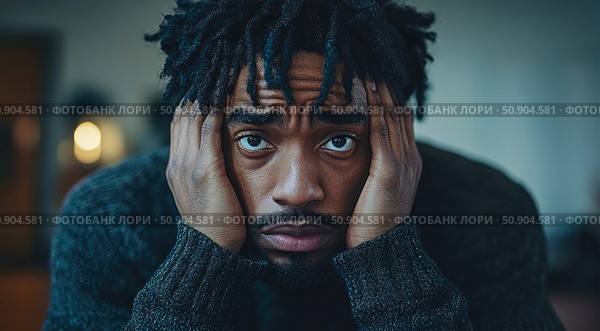Mental health concept: Portrait of a troubled man with hands on his face, displaying anxiety, depression, or a feeling of being overwhelmed. Стоковое AI-изображение, AI-художник Данила Большаков / Фотобанк Лори