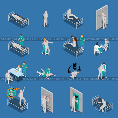 Mental Patients Isometric Set. Isometric set with mental patients on couches and with medical staff on blue background isolated vector illustration . Стоковая иллюстрация, агентство Ingram Publishing / Фотобанк Лори