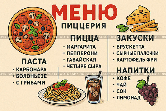 Меню пиццерии. Стоковое AI-изображение, AI-художник Екатерина Коробкова / Фотобанк Лори