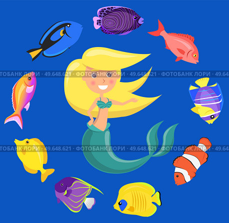 Mermaid with group of colored fish and swims in blue water. Cartoon nautical characters fingerling set. Sea dweller. Wild nature of mediterranean sea. Underwater life of creature, small fish and nixie. Mermaid with group of colored fish and swims in blue water. Cartoon nautical characters fingerling set. Стоковая иллюстрация, агентство Ingram Publishing / Фотобанк Лори