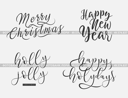 Merry Christmas and happy New Year set with lettering typographic compositions for the poster and greeting card. Calligraphy for winter holiday. Vector illustration. Merry Christmas and happy New Year set with lettering typographic compositions for the poster and greeting card. Calligraphy for winter holiday. Vector. Стоковая иллюстрация, агентство Ingram Publishing / Фотобанк Лори