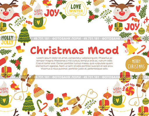 Merry Christmas card. Vector illustration. A festive poster displays Christmas mood scenes and holiday greetings Merry Christmas 2024 may it bring joy and happiness everyone The golden hue decorations. Merry Christmas card. The holiday season is about joy, decorations, and warm greetings. Стоковая иллюстрация, агентство Ingram Publishing / Фотобанк Лори