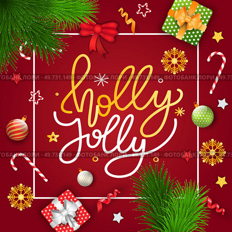 Merry Christmas card. Vector illustration. The ornament on Christmas tree glistened in golden light. Holly jolly. Red and golden are classic colors for Christmas decoration A festive poster announced. Merry Christmas card. A Merry Christmas metaphor symbolizes joy and happiness. Стоковая иллюстрация, агентство Ingram Publishing / Фотобанк Лори