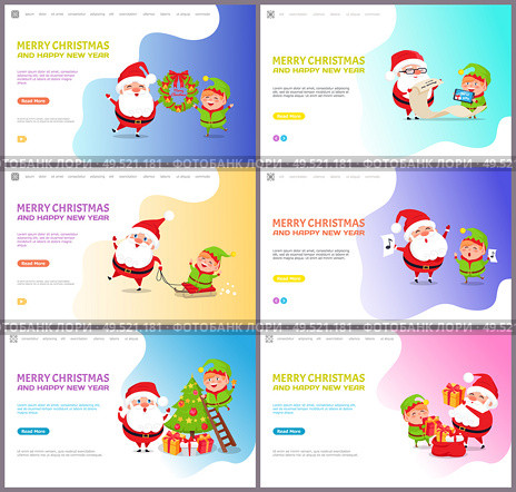 Merry Christmas Santa Claus and elf winter holiday vector. Characters with mistletoe wreath and tree decoration, list with children who get presents. Merry Christmas Santa Claus and Elf Winter Holiday. Стоковая иллюстрация, агентство Ingram Publishing / Фотобанк Лори