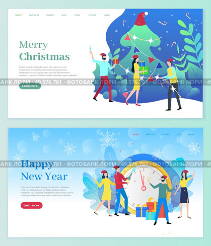 Merry Christmas vector, celebration of new year and winter holidays. People by pine tree drinking champagne and exchanging gifts. Clock and foliage decor. Website or webpage template, landing page. Merry Christmas People Celebrating Winter Holiday. Стоковая иллюстрация, агентство Ingram Publishing / Фотобанк Лори
