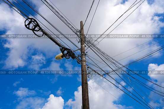 Messy electric aerial wires and pole in Mexico. Стоковое фото, агентство Ingram Publishing / Фотобанк Лори