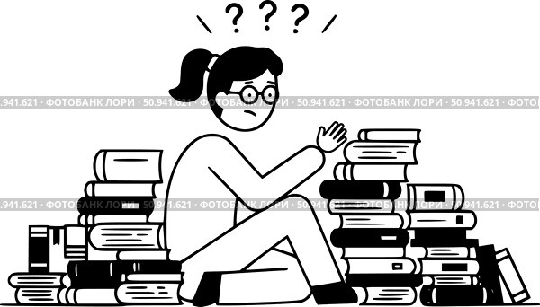 Метафора неспособности принимать решения. На полу лежит много книг, а человек не может выбрать книгу, что свидетельствует о замешательстве, сомнениях и трудностях с принятием решения. Стоковое AI-изображение, AI-художник Ирина Першина / Фотобанк Лори