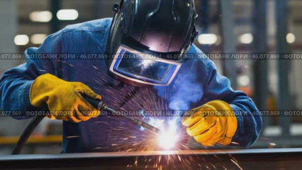 Metal welding. Workers wearing uniforms and Welded Iron Mask at Steel welding plants, industrial safety first concept. Welder With Torch. Production environment, with blue sparks flying. Copy space. Стоковое AI-видео, аниматор Марина Демидюк / Фотобанк Лори
