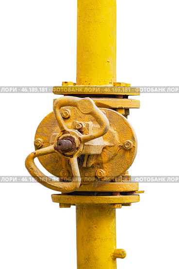 Металлический желтый газовый кран и труба на белом фоне. New metal pipe with valve on white background. Стоковое фото, фотограф Татьяна Д / Фотобанк Лори