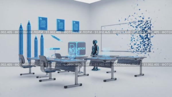 Metaverse education concept with robot teacher and digital classroom furnitures. Стоковое AI-видео, аниматор Юрий Поздников / Фотобанк Лори