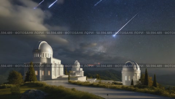 Meteors falling near astronomical observatory under starry sky. Стоковое AI-видео, аниматор Юрий Поздников / Фотобанк Лори