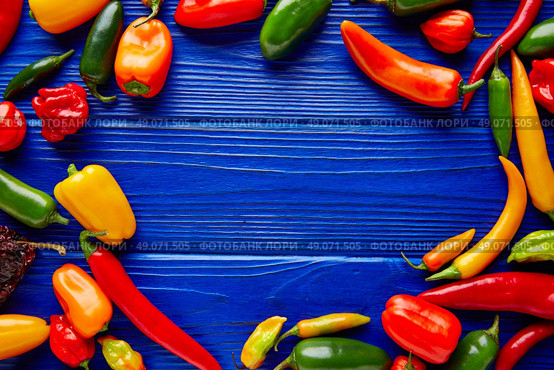 Mexican hot chili peppers colorful mix habanero poblano serrano jalapeno blue background. Стоковое фото, агентство Ingram Publishing / Фотобанк Лори
