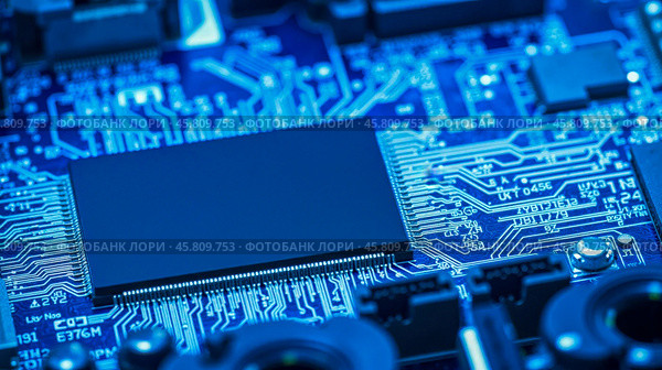 Microelectronics circuit board with integrated processor chip, modern technology, blue printed circuits, electronic components, high-tech background, engineering design, close-up view. Стоковое AI-изображение, AI-художник Павел Муравьев / Фотобанк Лори