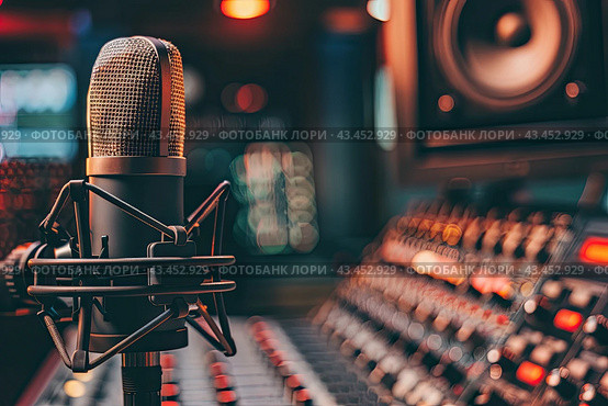 Microphone in the studio against the background of the director's console. The concept of freedom of speech. Стоковое AI-изображение, AI-художник Ярославский Максим / Фотобанк Лори