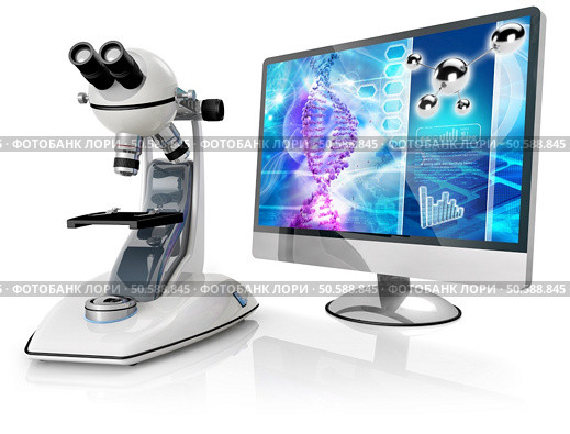microscope and computer isolated on white background. genetic research. Стоковое фото, агентство Ingram Publishing / Фотобанк Лори