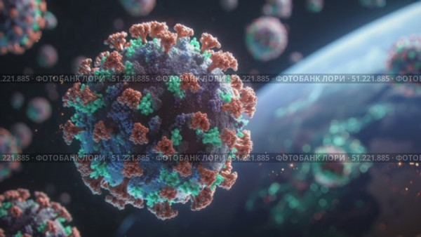 Microscopic coronavirus covid 19 cells floating near planetary surface, revealing detailed viral structure representing global pandemic viral spread through scientific visualization. Стоковое AI-видео, аниматор Юрий Поздников / Фотобанк Лори