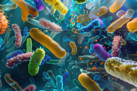 Microscopic view of colorful bacteria and viruses floating in liquid. Стоковое AI-изображение, AI-художник Иван Рябоконь / Фотобанк Лори