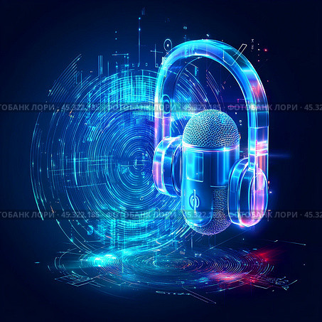 Микрофон и наушники. Визуализация звука. Стоковое AI-изображение, AI-художник Щеголева Ольга / Фотобанк Лори