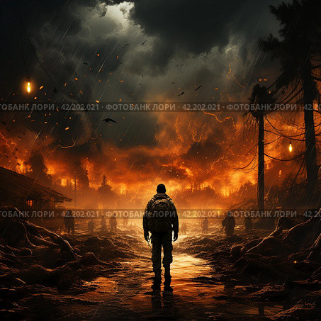 Military man in front of a burning city,Generative AI. Стоковое AI-изображение, AI-художник Анна Кривицкая / Фотобанк Лори