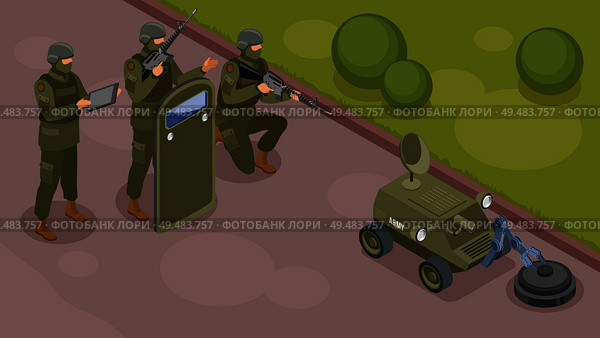 Military robots isometric composition with group of armed warrior supervising work of robot sapper vector illustration. Стоковая иллюстрация, агентство Ingram Publishing / Фотобанк Лори