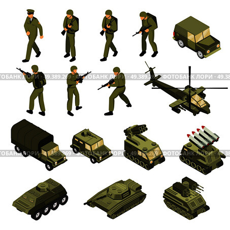 Military vehicles soldiers commanders set of isolated tactical transport units and fighting entities with human characters vector illustration. Army Isometric Icon Set. Стоковая иллюстрация, агентство Ingram Publishing / Фотобанк Лори