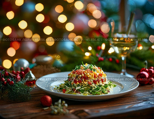 Mimosa Salad on a New Year's Festive Table. A very beautiful dish, and since the salad is quite easy to prepare, it can often be seen on the festive table. Стоковое AI-изображение, AI-художник Сергей Елизарьев / Фотобанк Лори