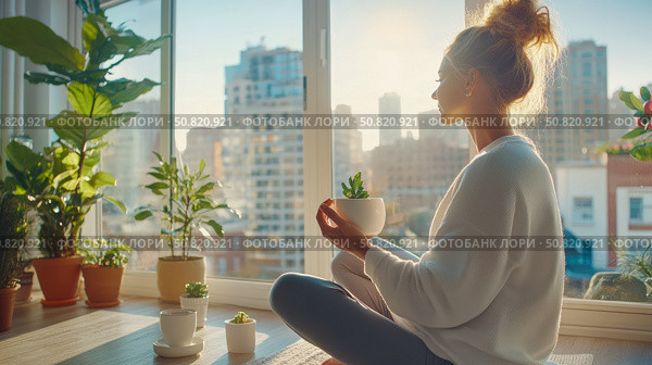 Mindful Morning: A peaceful woman holding a sprout in a sunlit room, practicing meditation and enjoying a quiet start to the day. Стоковое AI-изображение, AI-художник Данила Большаков / Фотобанк Лори