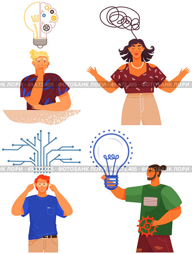 Mindset types set structural, analytical, logical and creative artistic personality predisposition, people with different thinking concept. Mind behavior, mental perceiving, psychological concept. Mindset types set structural, analytical, logical and creative artistic personality predisposition. Стоковая иллюстрация, агентство Ingram Publishing / Фотобанк Лори