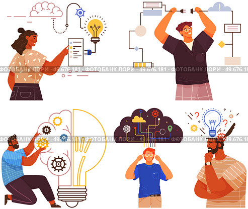 Mindset types set structural, analytical, logical and creative artistic personality predisposition, people with different thinking concept. Mind behavior, mental perceiving, psychological concept. Mindset types set structural, analytical, logical and creative artistic personality predisposition. Стоковая иллюстрация, агентство Ingram Publishing / Фотобанк Лори