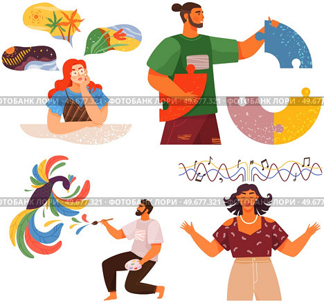 Mindset types set structural, analytical, logical and creative artistic personality predisposition, people with different thinking concept. Mind behavior, mental perceiving, psychological concept. Mindset types set structural, analytical, logical and creative artistic personality predisposition. Стоковая иллюстрация, агентство Ingram Publishing / Фотобанк Лори