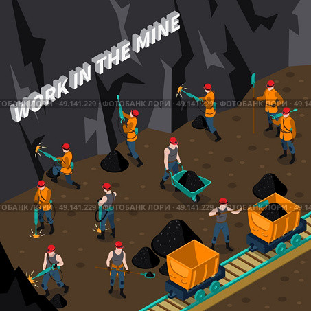 Miner People Isometric Composition. Coal industry isometric composition with miner people working in mine vector illustration . Стоковая иллюстрация, агентство Ingram Publishing / Фотобанк Лори