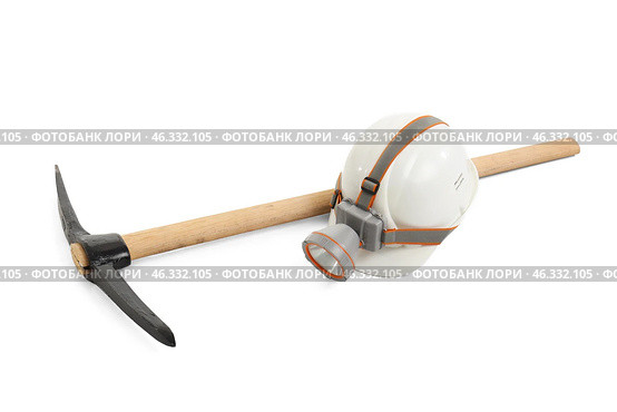 Miner's hat with pick axe on white background. Стоковое фото, фотограф Pixel_shot / Фотобанк Лори