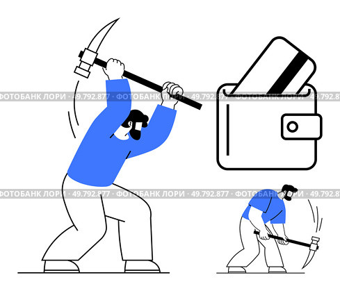 Miners using pickaxes alongside a wallet with a credit card. Ideal for finance, hard work, savings, cryptocurrency, financial growth, investment, and banking themes. Line metaphor. Miners Working with Pickaxes Near Wallet Containing Credit Card, Symbolizing Financial Efforts. Стоковая иллюстрация, агентство Ingram Publishing / Фотобанк Лори