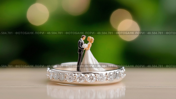 Miniature couple on wedding ring captures love and celebration indoors. Миниатюрная пара с обручальным кольцом. Стоковое AI-изображение, AI-художник Katsiaryna Repich / Фотобанк Лори