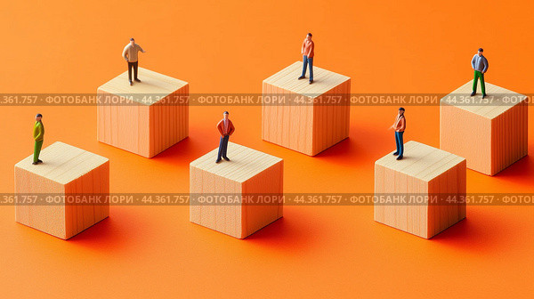 Miniature figures standing on wooden cubes against a vibrant orange background illustrate concepts of individuality and perspective in spatial design. Стоковое AI-изображение, AI-художник Сергей Толмачёв / Фотобанк Лори