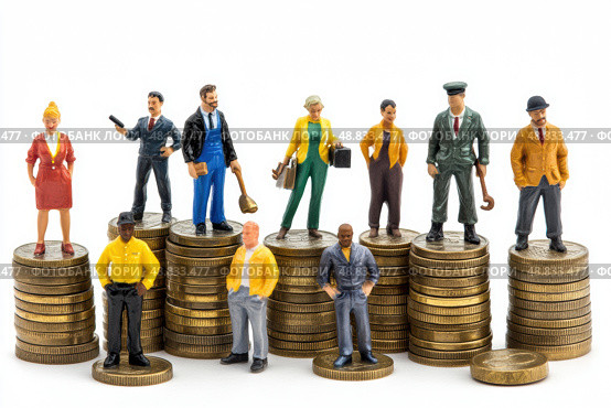 Miniature workers and businesspeople standing on stacks of coins symbolizing income inequality, labor market, salary differences, financial hierarchy, and economic disparity. Copy space. Banner. Стоковое AI-изображение, AI-художник Евгений Демидюк / Фотобанк Лори