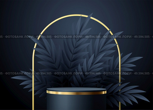 Minimal black scene with geometric shapes and palm leaves. Cylindrical gold and black podium on a black background. 3D stage for displaying a cosmetic product, showcase. Minimal black scene with geometric shapes and palm leaves. Cylindrical gold and black podium on a black background. 3D stage for displaying a cosmetic product. Стоковая иллюстрация, агентство Ingram Publishing / Фотобанк Лори