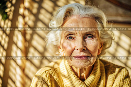 Minimalism. A studio portrait of a stylish, elegant elderly woman, a pensioner of 70 years old, in an interior and clothes of calm tones. The concept of the elderly. Стоковое AI-изображение, AI-художник Photojuli / Фотобанк Лори