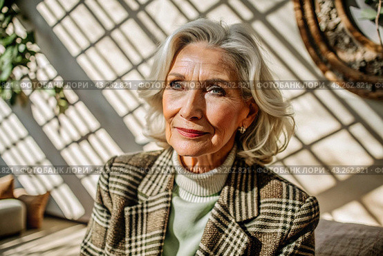Minimalism. A studio portrait of a stylish, elegant elderly woman, a pensioner of 70 years old, in an interior and clothes of calm tones. The concept of the elderly. Стоковое AI-изображение, AI-художник Photojuli / Фотобанк Лори